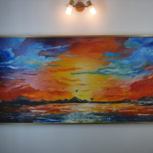 Tableau coucher de soleil Ghoroub en situation sur mur clair