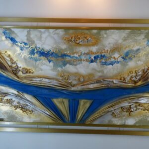 Tableau islamique fait main Noor : drapé sculpté bleu royal et or, calligraphie Ayat al-Kursi à la feuille d'or, cadre doré double