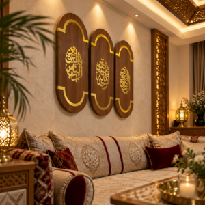 Triptyque de calligraphie islamique JOUDART vu de biais dans un salon marocain éclairé de lanternes