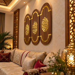 Détail de la dorure du tableau de calligraphie islamique 3 pièces JOUDART dans un salon marocain